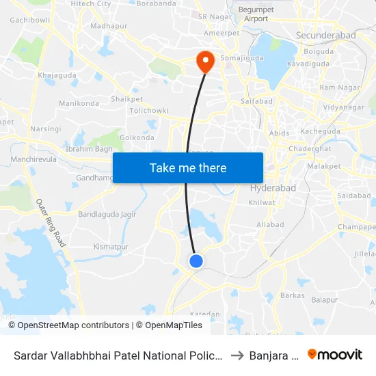 Sardar Vallabhbhai Patel National Police Academy to Banjara Hills map