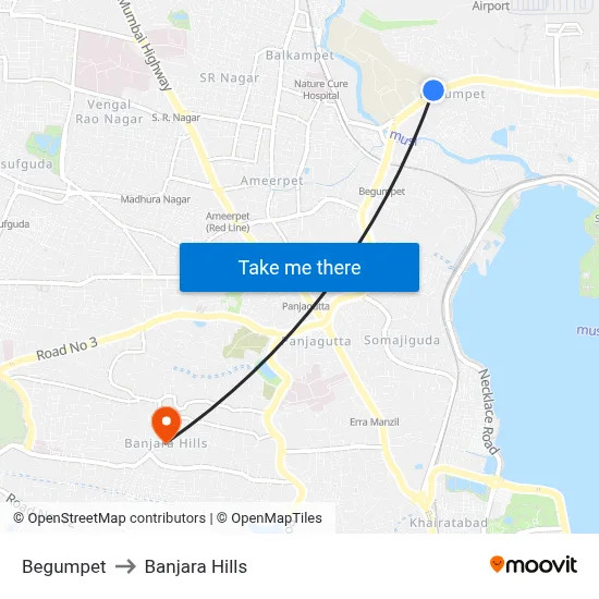 Begumpet to Banjara Hills map