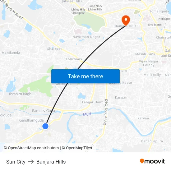 Sun City to Banjara Hills map