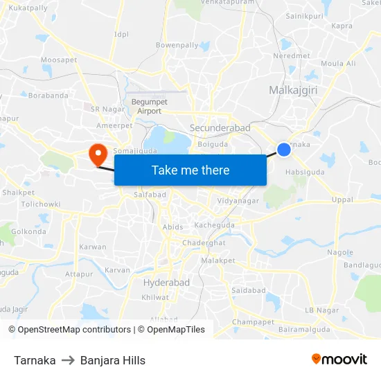 Tarnaka to Banjara Hills map