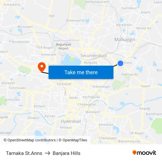 Tarnaka St.Anns to Banjara Hills map