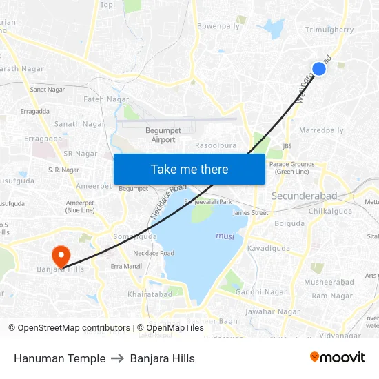 Hanuman Temple to Banjara Hills map
