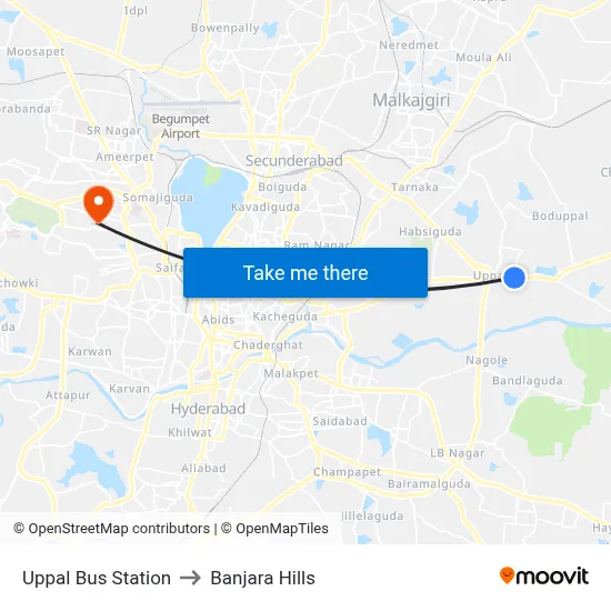 Uppal Bus Station to Banjara Hills map