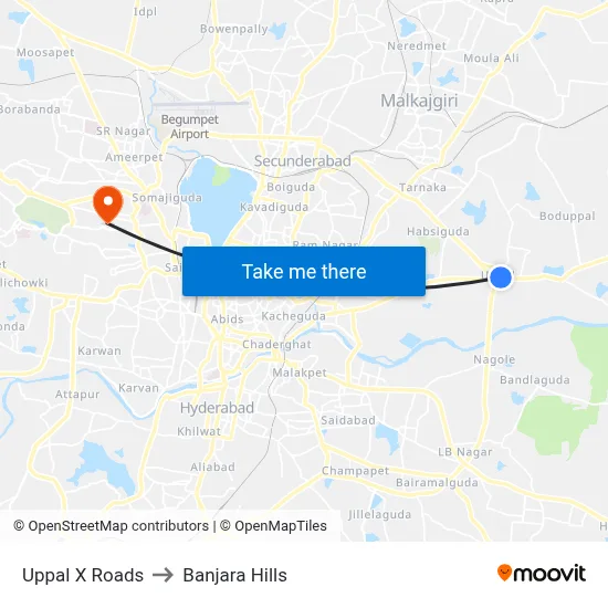 Uppal X Roads to Banjara Hills map