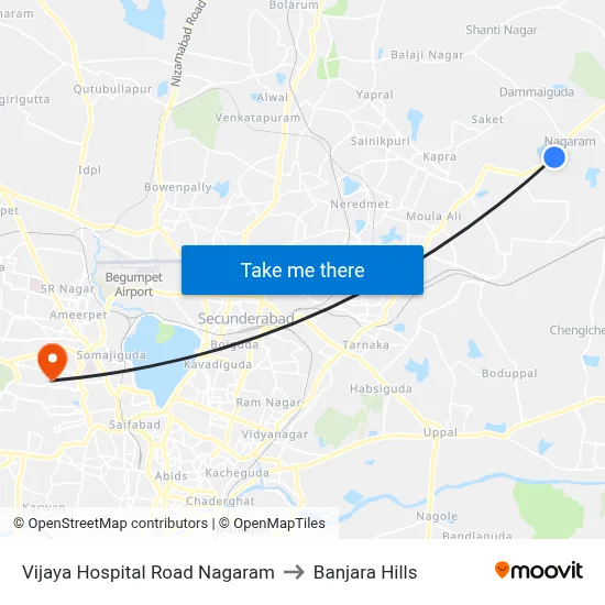 Vijaya Hospital Road Nagaram to Banjara Hills map