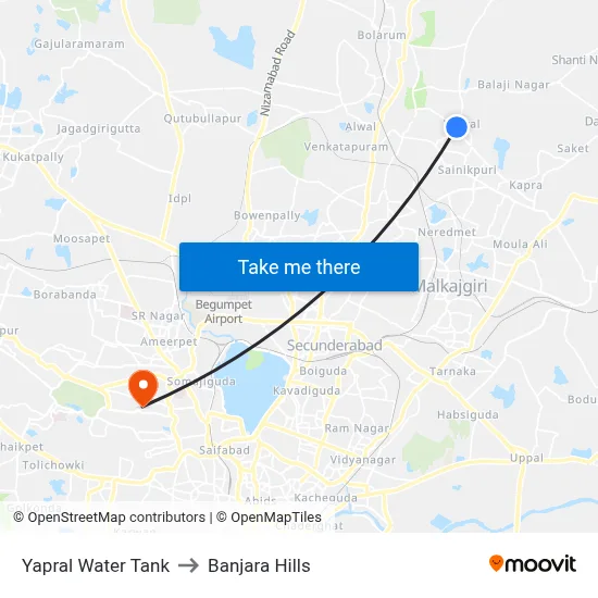 Yapral Water Tank to Banjara Hills map