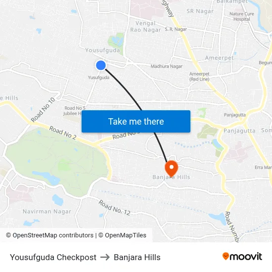 Yousufguda Checkpost to Banjara Hills map