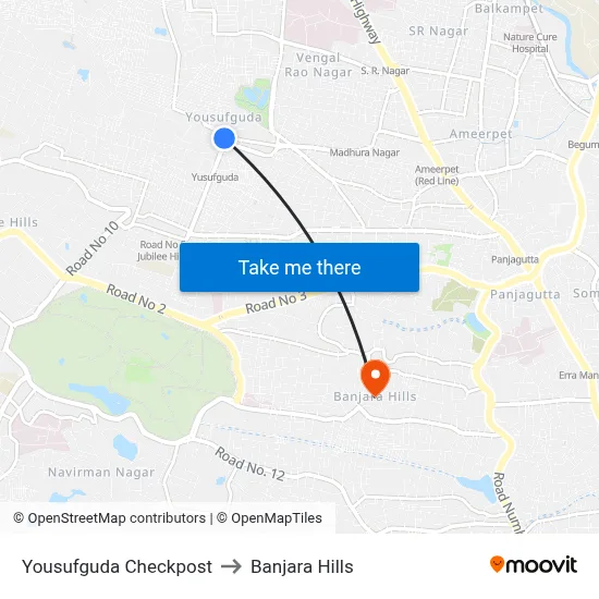 Yousufguda Checkpost to Banjara Hills map