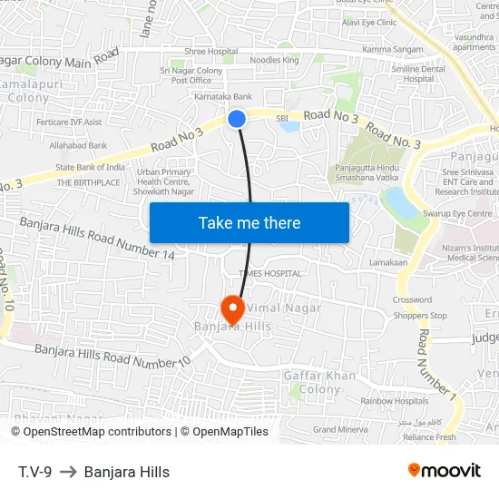 T.V-9 to Banjara Hills map