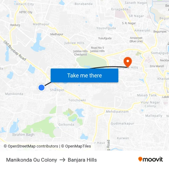 Manikonda Ou Colony to Banjara Hills map