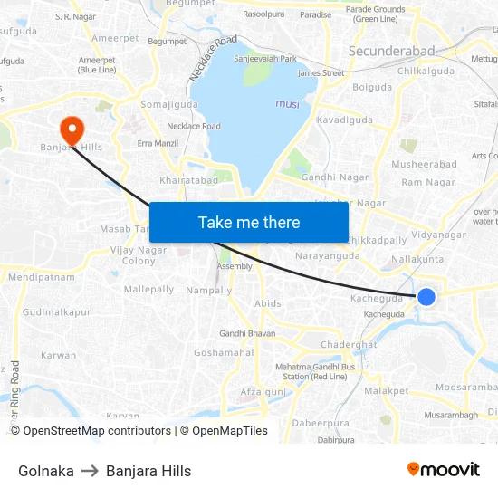 Golnaka to Banjara Hills map