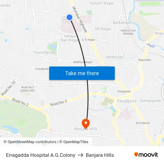 Erragadda Hospital A.G.Colony to Banjara Hills map