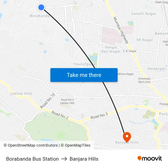 Borabanda Bus Station to Banjara Hills map