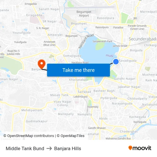 Middle Tank Bund to Banjara Hills map