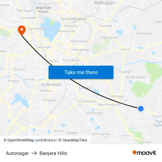 Autonagar to Banjara Hills map