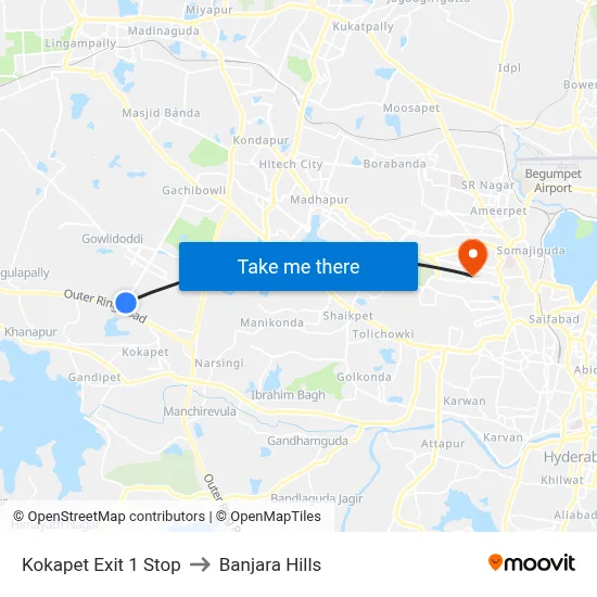 Kokapet Exit 1 Stop to Banjara Hills map