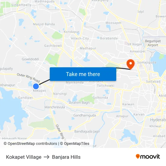 Kokapet Village to Banjara Hills map