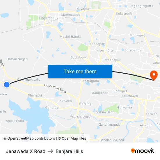 Janawada X Road to Banjara Hills map