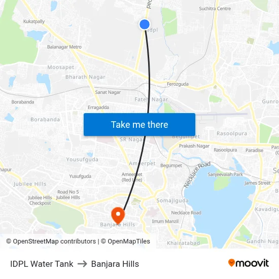 IDPL Water Tank to Banjara Hills map