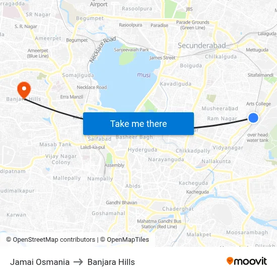 Jamai Osmania to Banjara Hills map