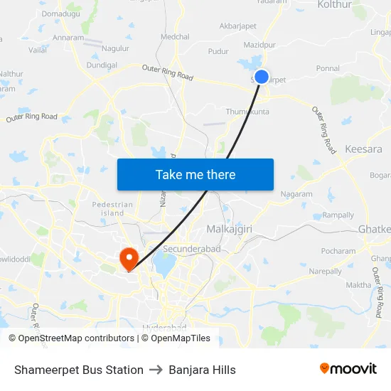 Shameerpet Bus Station to Banjara Hills map