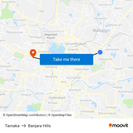 Tarnaka to Banjara Hills map