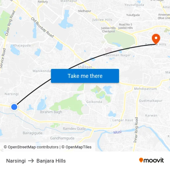 Narsingi to Banjara Hills map