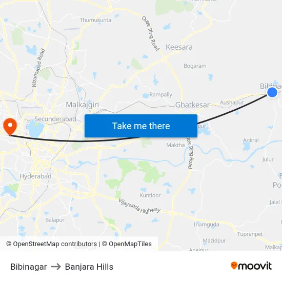Bibinagar to Banjara Hills map