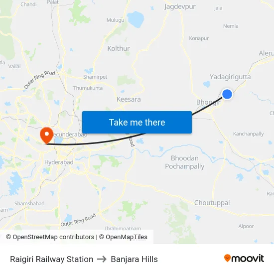 Raigiri Railway Station to Banjara Hills map