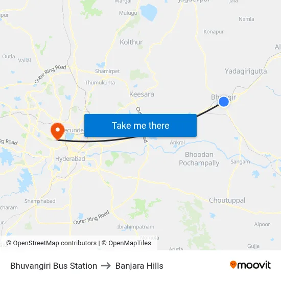 Bhuvangiri Bus Station to Banjara Hills map