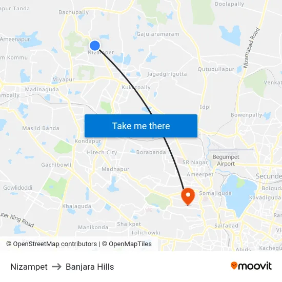 Nizampet to Banjara Hills map