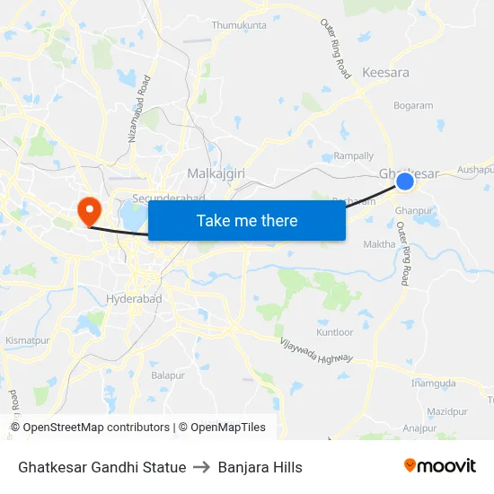 Ghatkesar Gandhi Statue to Banjara Hills map
