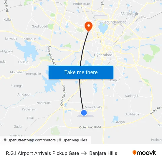 R.G.I.Airport Arrivals Pickup Gate to Banjara Hills map