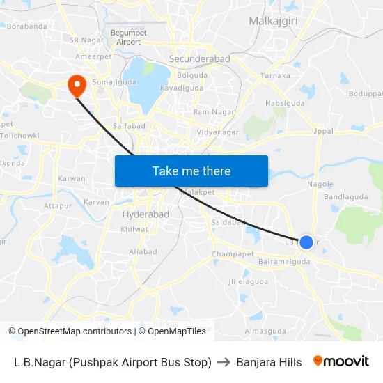 L.B.Nagar (Pushpak Airport Bus Stop) to Banjara Hills map