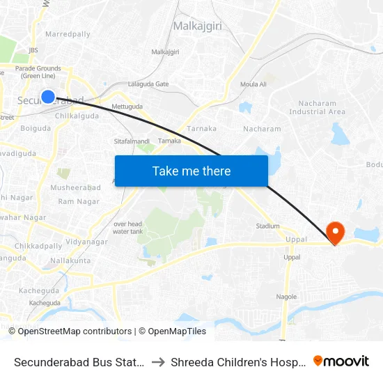 Secunderabad Bus Station to Shreeda Children's Hospital map
