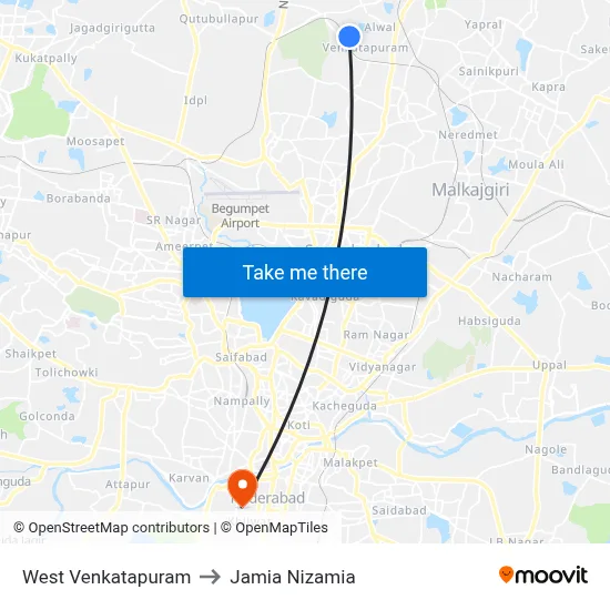 West Venkatapur Bus Stop to Jamia Nizamia map
