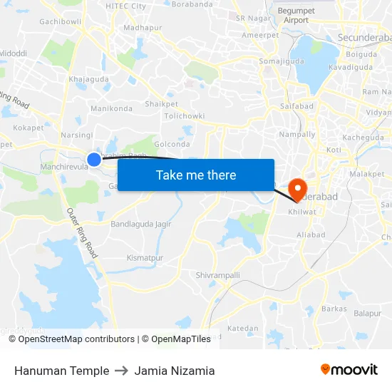 Hanuman Temple to Jamia Nizamia map