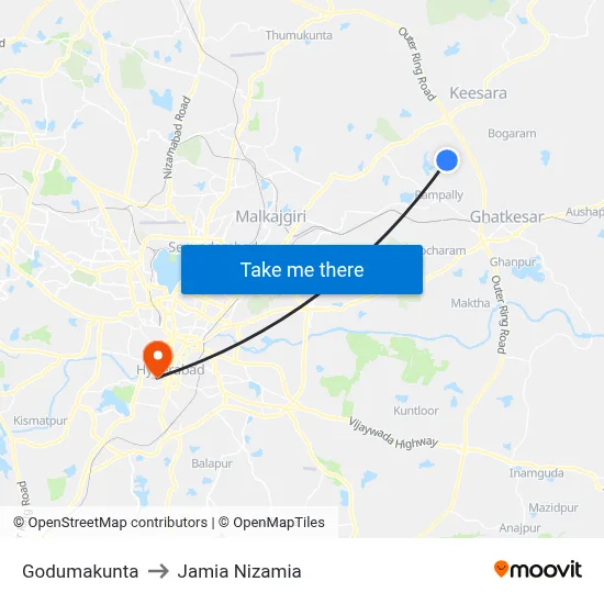 Godumakunta to Jamia Nizamia map