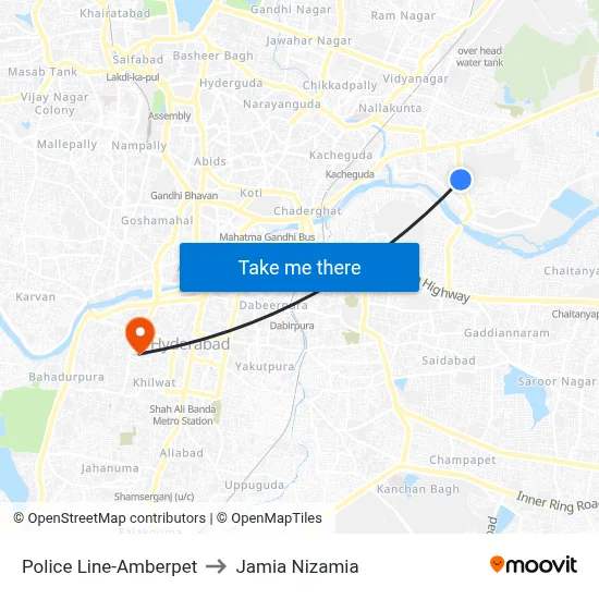 Police Line-Amberpet to Jamia Nizamia map