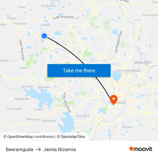 Beeramguda to Jamia Nizamia map