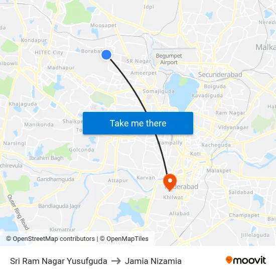 Sri Ram Nagar Yusufguda to Jamia Nizamia map