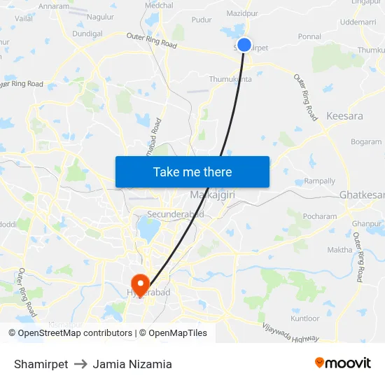 Shamirpet to Jamia Nizamia map