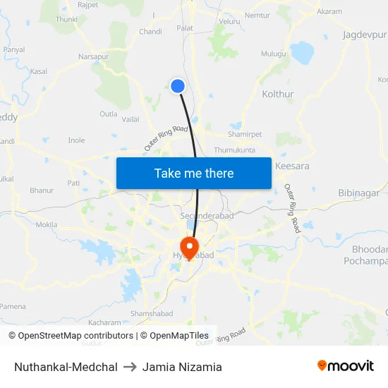 Nuthankal-Medchal to Jamia Nizamia map