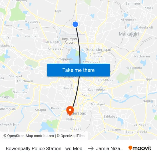 Bowenpally Police Station Twd Medchal to Jamia Nizamia map