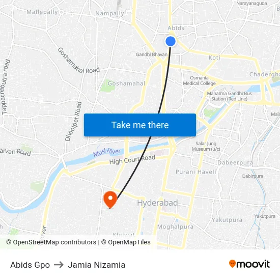 Abids Gpo to Jamia Nizamia map