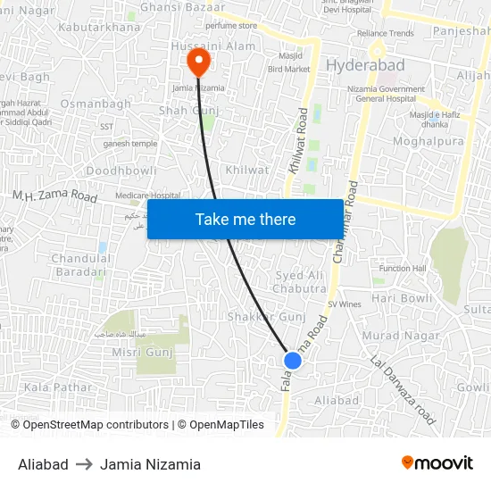 Aliabad to Jamia Nizamia map