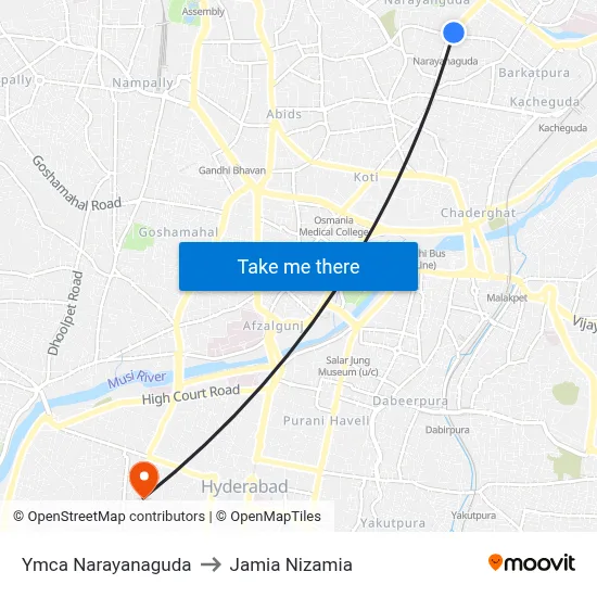 Ymca Narayanaguda to Jamia Nizamia map
