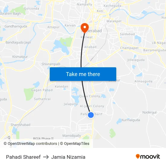 Pahadi Shareef to Jamia Nizamia map