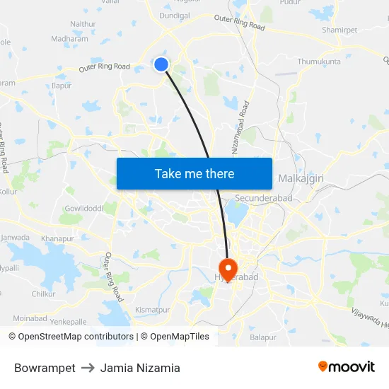 Bowrampet to Jamia Nizamia map