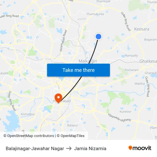 Balajinagar-Jawahar Nagar to Jamia Nizamia map